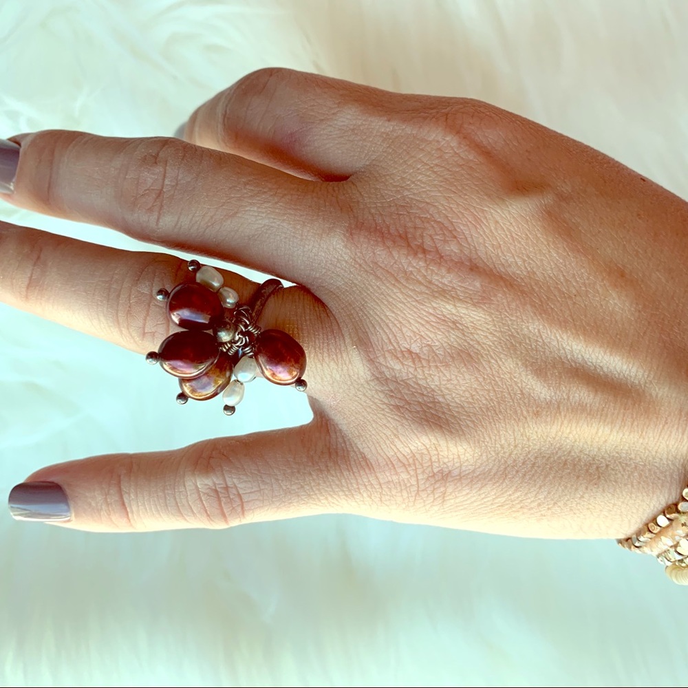 SS Oxidized Bordeaux and FreshwaterPearl Ring Sz 6